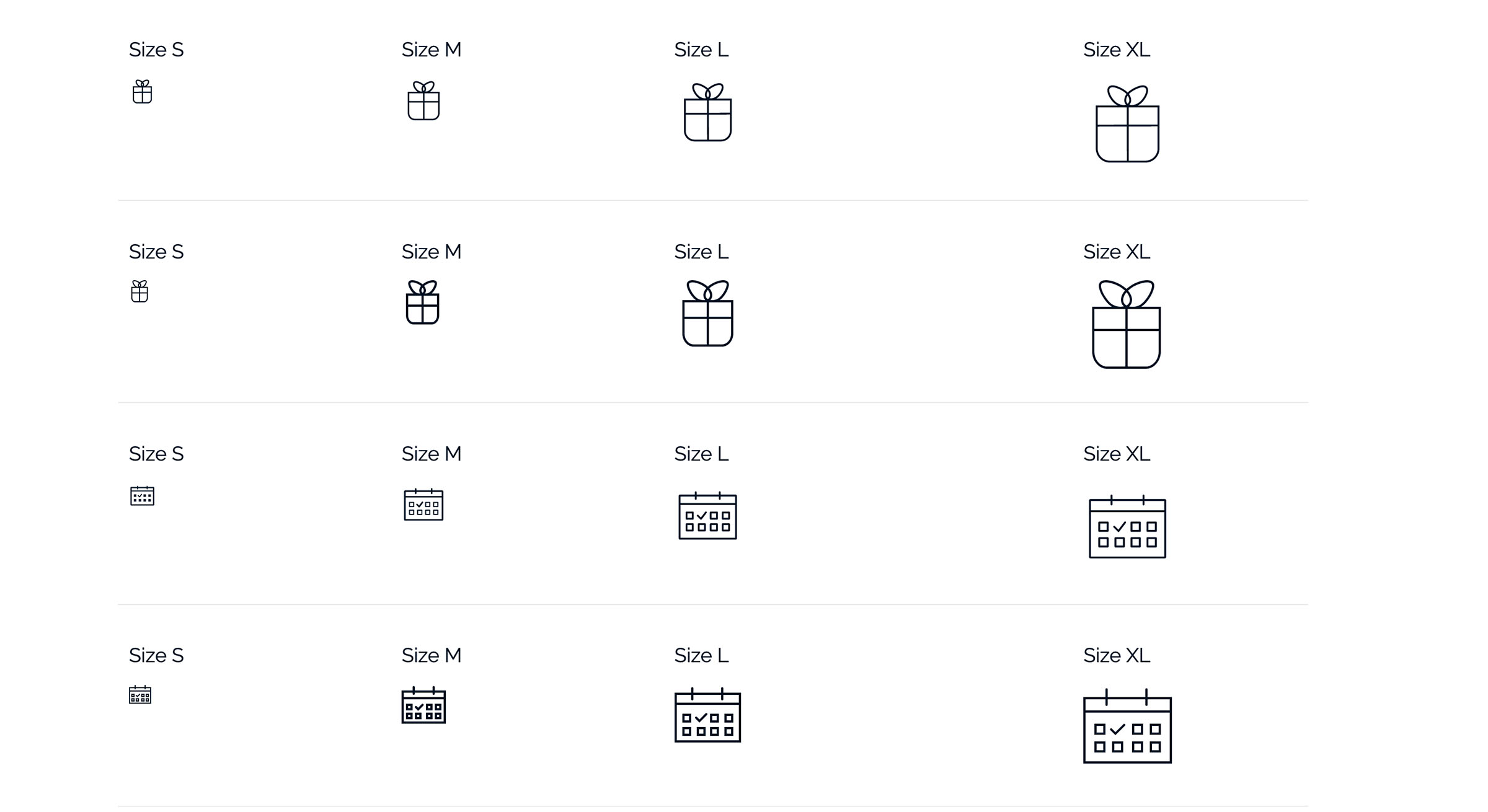 Lignes d'icônes présentant différentes tailles et types de dessin pour 2 icônes différentes: un cadeau et un calendrier.