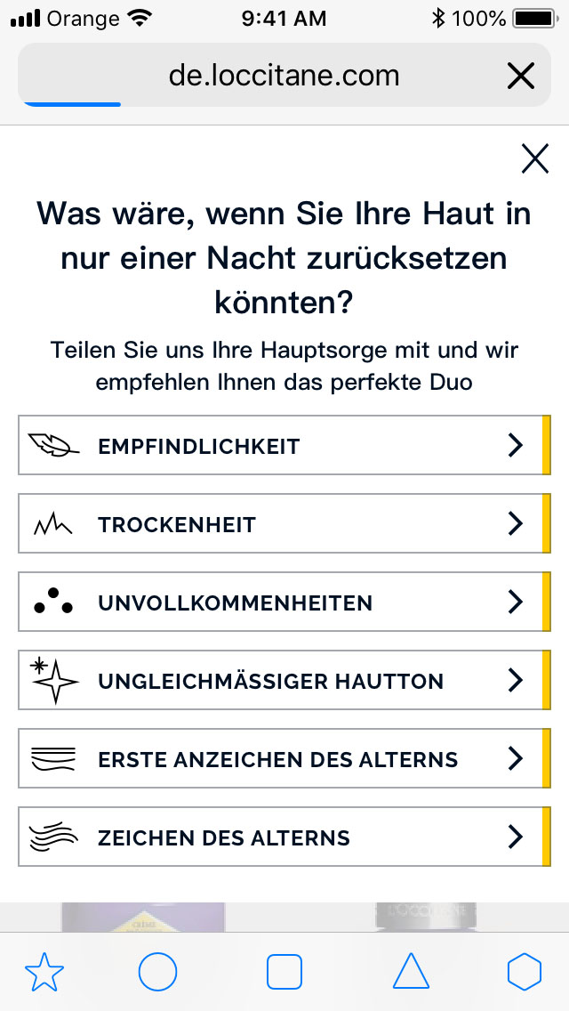 Mobile - Exemple du module en pop-in, avec 6 options en allemand.